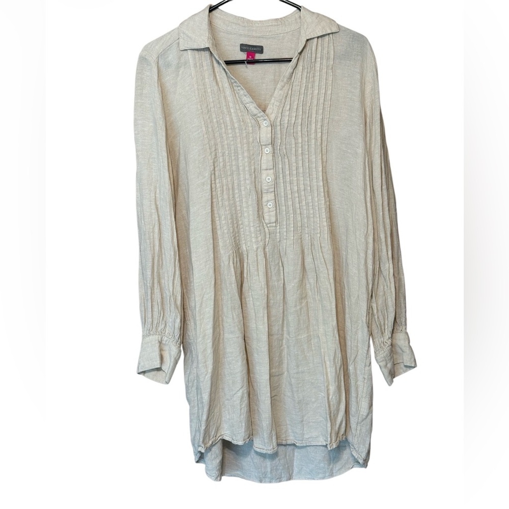 Vince Camuto Beige Linen Blend Tunic Top Medium Pleated Button Front Long Sleeve